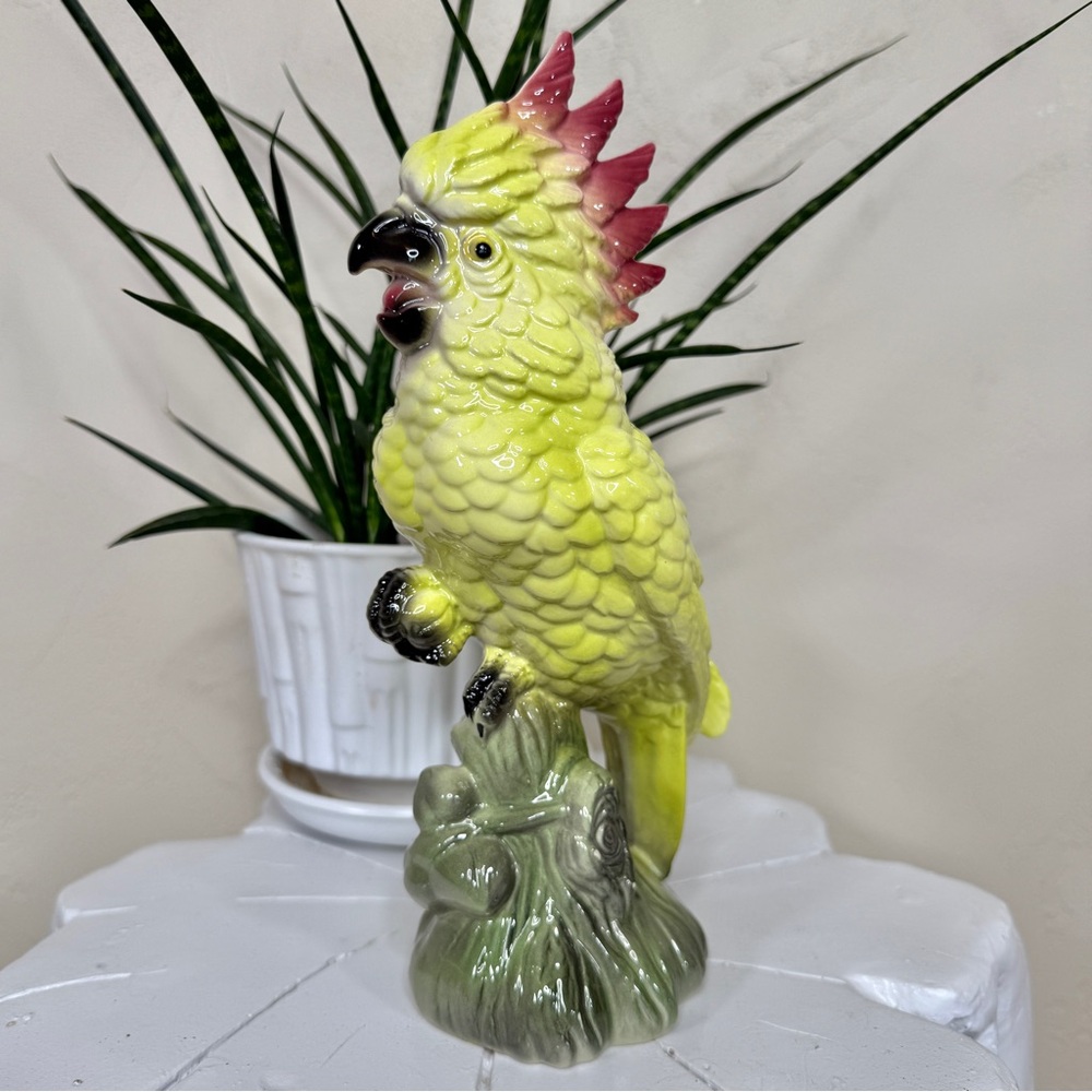 Vintage MCM Chartreuse Yellow Glazed Ceramic
Cockatoo Parrot Figurine